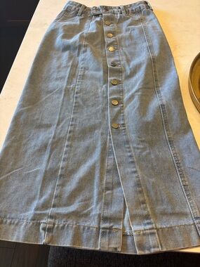 Button-Front Light Blue Denim Midi Skirt